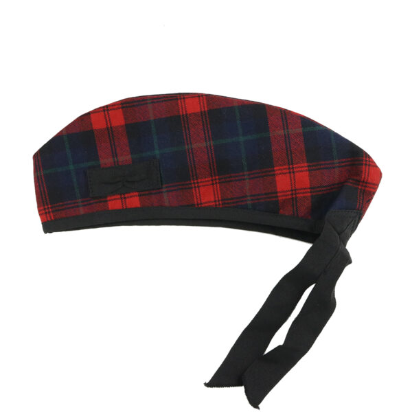 A red and black MacLachlan Modern Premium Wool Tartan Glengarry - Size Small hat with a black ribbon.