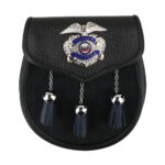 A police kilt adorned with emerald tassels and a majestic eagle, accompanied by the Emerald Society Premium Police Sporran.