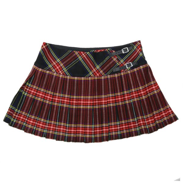 A black and red plaid skirt with a belt.