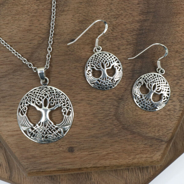Celtic tree of life necklace and earring set featuring Triquetra Sterling Silver Earrings replaced with "Triquetra Sterling Silver Earrings.
