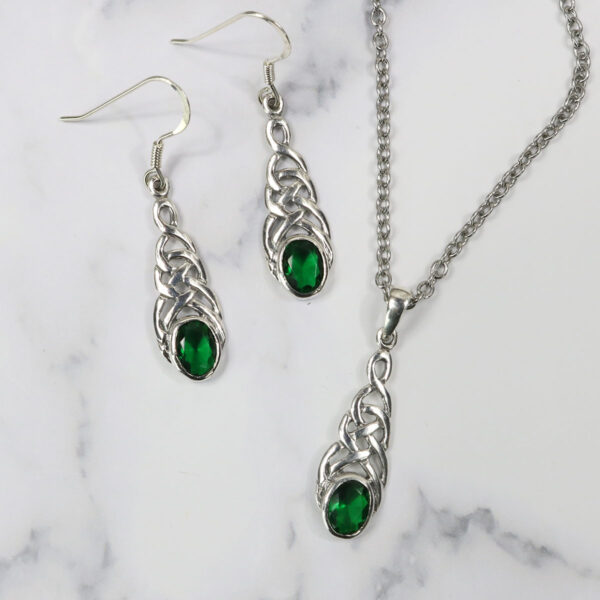 Triquetra Sterling Silver earrings set with emerald necklace.