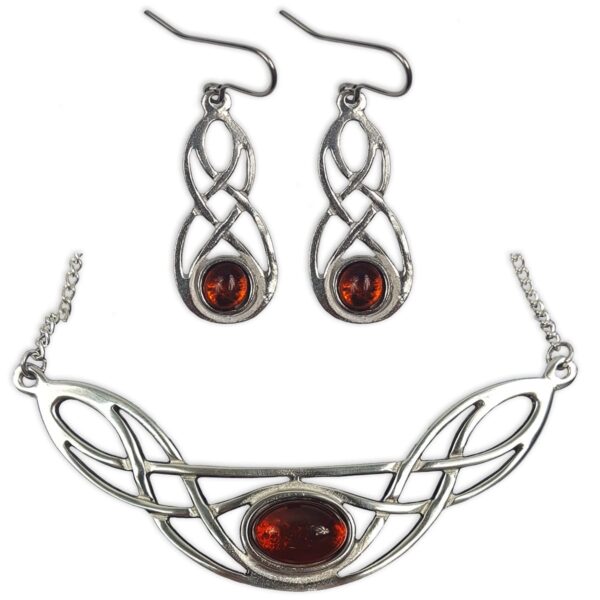 A real amber necklace and earrings set, handcrafted with Cornish Pewter with Real Amber Set accents.
