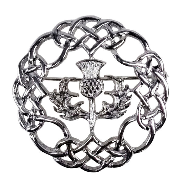 A Pewter Thistle Brooch with a Celtic pattern.