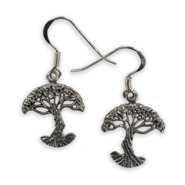 A pair of silver tree of life earrings.