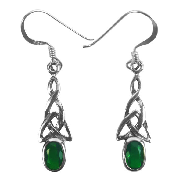 A pair of green Triquetra earrings, featuring a triquetra design.