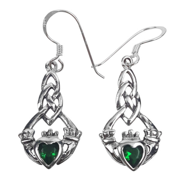 Elegant Claddagh Earrings with Green Stone adorned with a mesmerizing emerald stone.