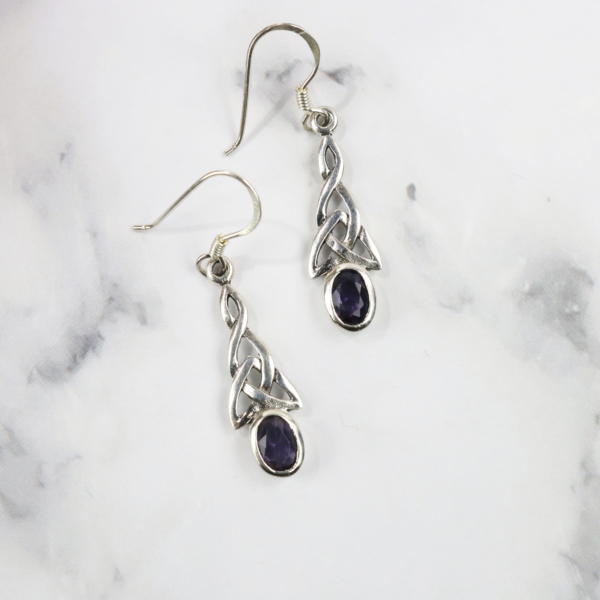 Amethyst Triquetra Earrings featuring a triquetra design.