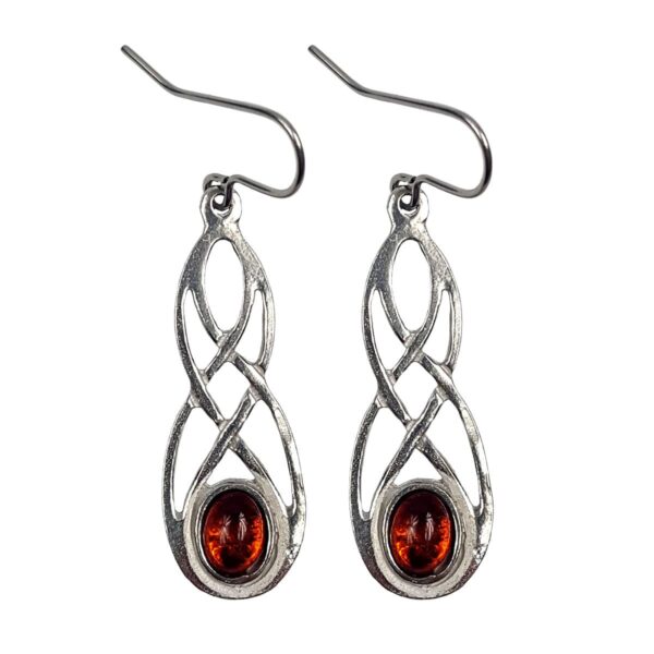 A pair of sterling silver earrings with an amber stone, enhanced by Cornish pewter accents, now replaced by Cornish Pewter Earrings with Real Amber.