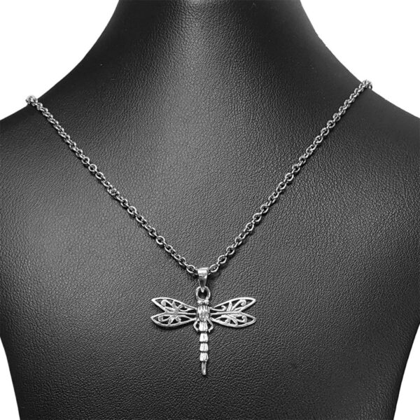 A stunning Sterling Silver Dragonfly Necklace displayed on a mannequin.