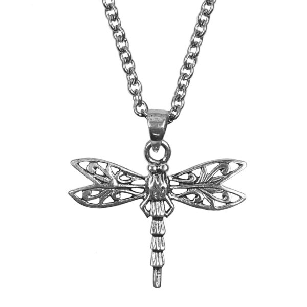 A stunning Sterling Silver Dragonfly Necklace delicately suspended from a dainty chain necklace.