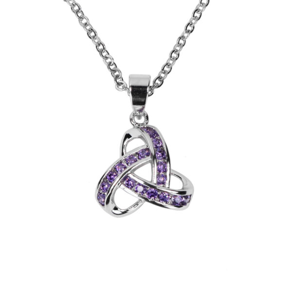 A Pretty Purple Triquetra Necklace with purple crystals on it.
