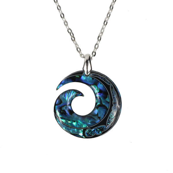 A Natures Spiral Necklace with a blue and green swirl design.
