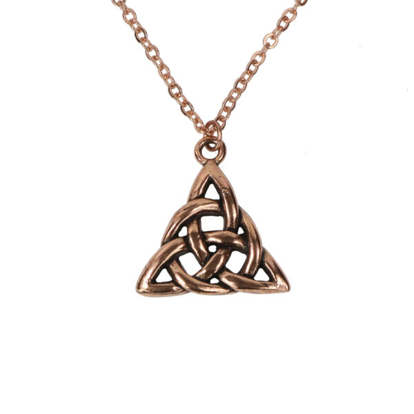 A Copper Triquetra Necklace with a rose gold triquetra on a chain.