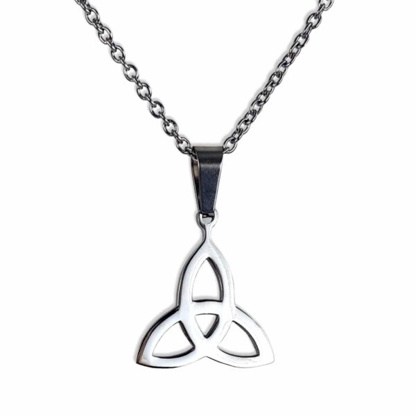 A Stainless Steel Triquetra Necklace on a silver chain.