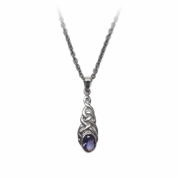 A Amethyst Celtic Knot Necklace with an amethyst stone.