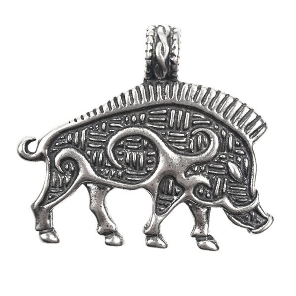 A beautiful Celtic Boar Pendant crafted in silver with an intricate design.