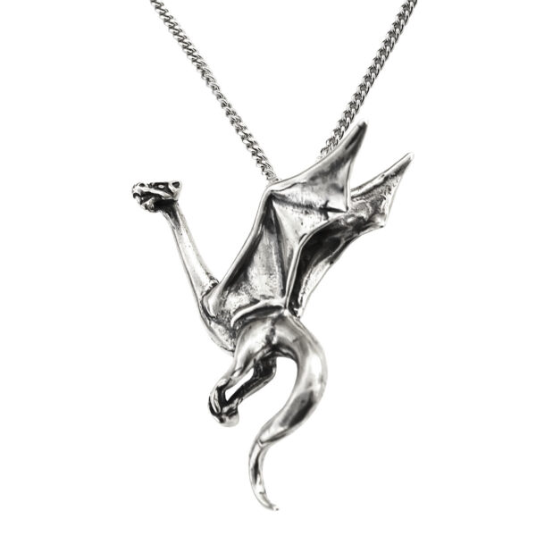 A Perched Wyvern Dragon Pendant hanging from a chain.
