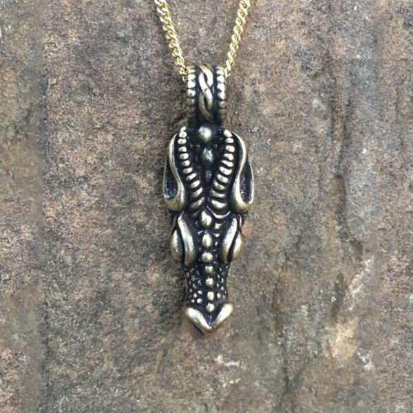 A Dragons Head Pendant with a skull and crossbones, featuring a dragon's head, on a chain.