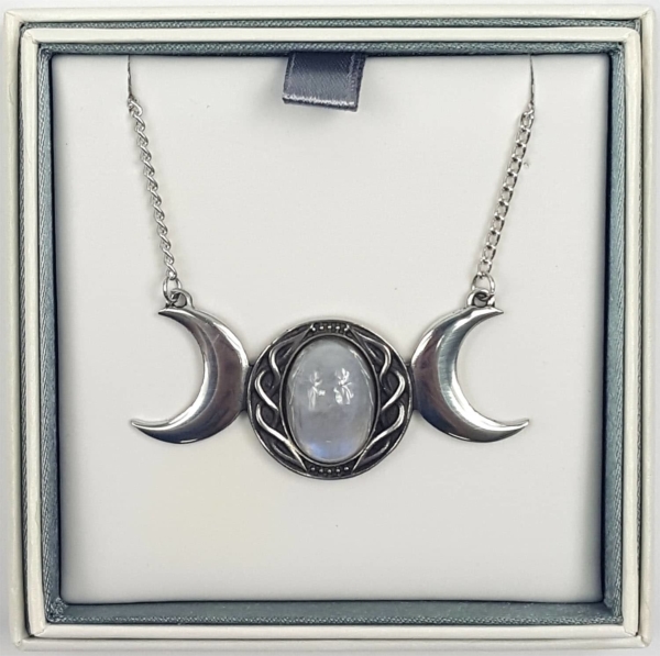 Pewter Triple Moon Pendant Necklace With Rainbow Moonstone