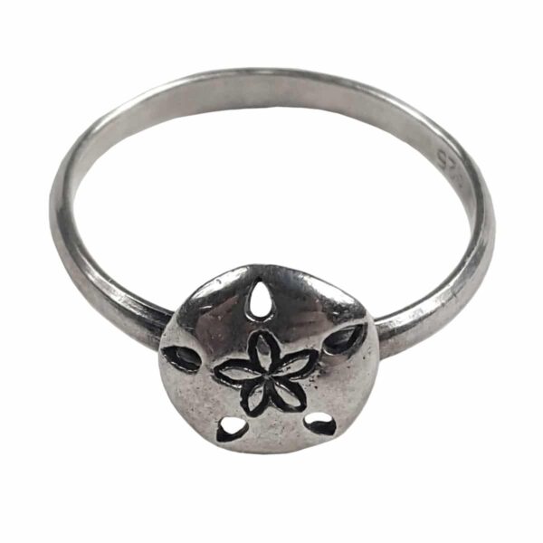 A Sand Dollar Sterling Silver Ring, also known as a Sand Dollar Ring.