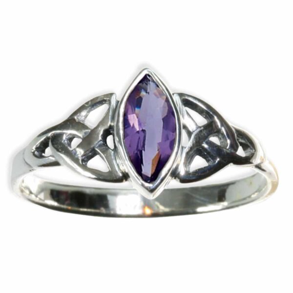 A Amethyst Purple Triquetra Knot Ring with a sterling silver triquetra design.