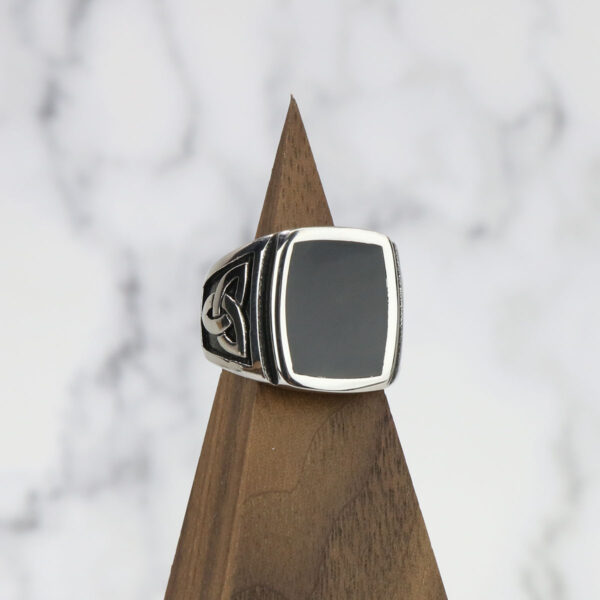 A Black Onyx Stainless Steel Triquetra Ring is set in this silver ring, creating an elegant piece of jewelry.