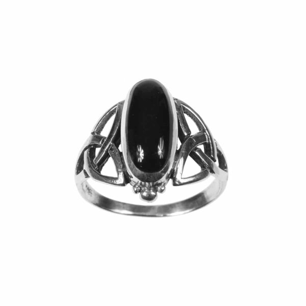 A sterling silver ring with an oval Black Onyx Trinity Celtic Knot Ring featuring a Trinity knot.