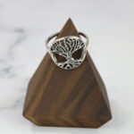 A silver tree of life ring on a Two Tone Eternity Knot Band.