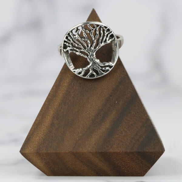 A silver tree of life ring with a Two Tone Eternity Knot Band on a wooden base.
