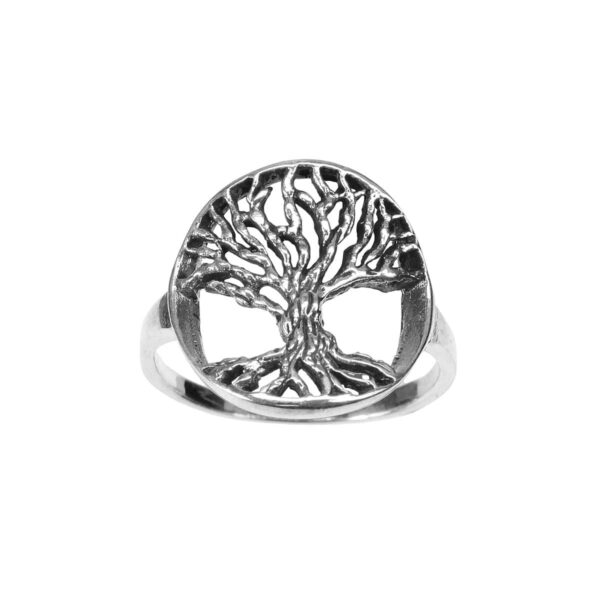 A Tree of Life Sterling Silver Ring on a white background.