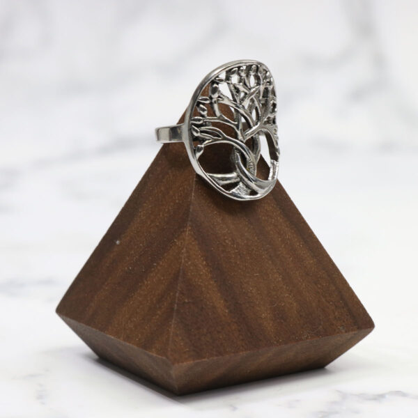 A silver Tree of Life Stainless Steel Ring on a wooden base crafted with stainless steel.