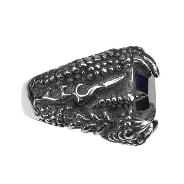A Dragon Claw Stainless Steel Ring adorned with a blue sapphire stone.