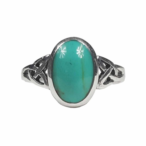 A sterling silver *Turquoise Triquetra Ring* with a turquoise stone.