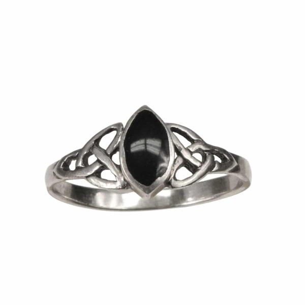 An Onyx Triquetra Ring adorns this sterling silver triquetra ring.