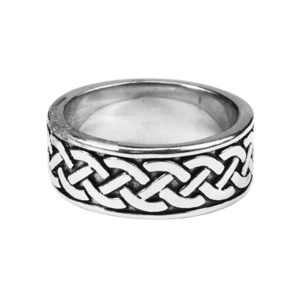 A Celtic Eternity Knot Stainless Steel Ring with a celtic design.