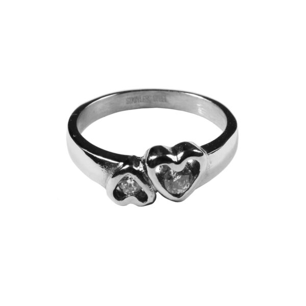 Two Heart CZ Stainless Steel Rings on a white background.