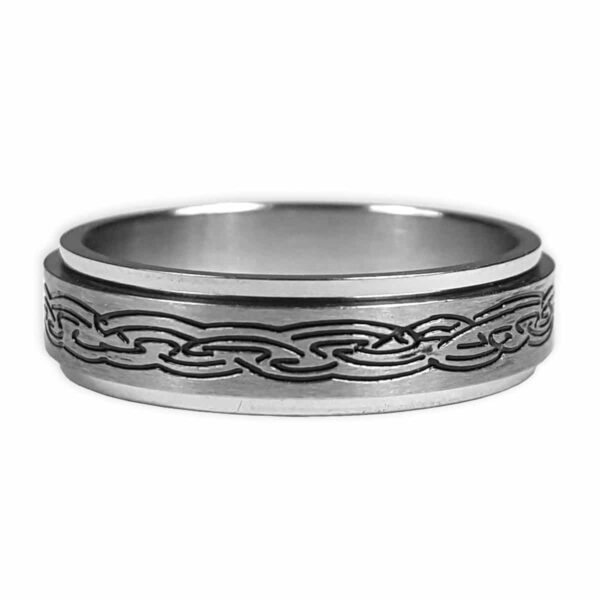 A stainless steel men's Celtic Knot Spinner Ring adorned with a celtic knot design.