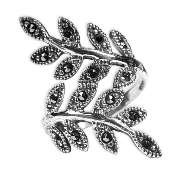 A Sparkly Vines sterling silver ring with black stones.