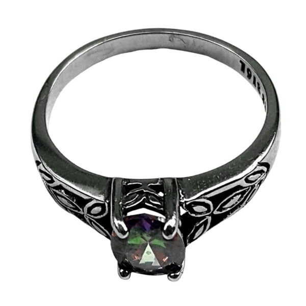 A Mystic Crystal Stainless Steel Ring with a multi colored stone.