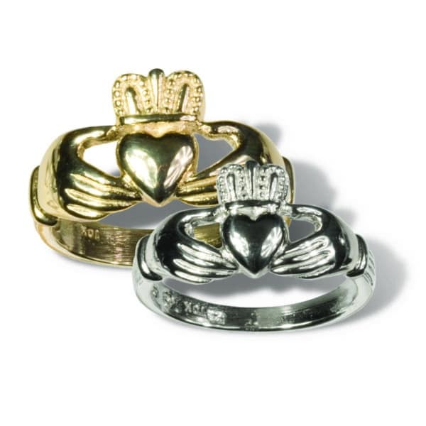 Two claddagh rings with hearts on them.