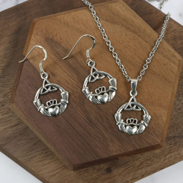 Silver Triquetra Claddagh Jewelry Bundle, featuring a necklace and earring set.