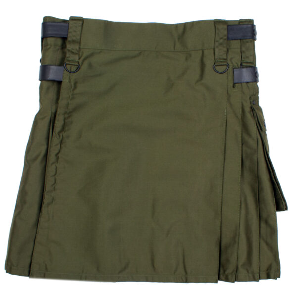 A Olive Green Canvas Utility Kilts - Off the Rack Special with black buckles.