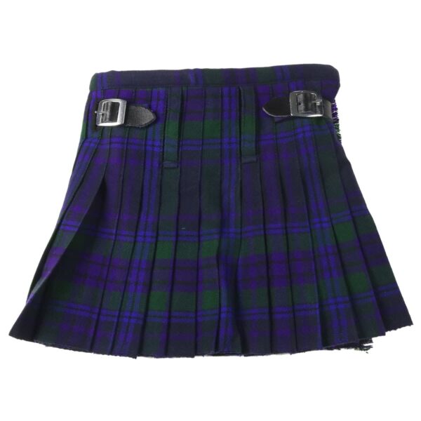 The Spirit of Scotland Homespun Wool Blend Kilt for Kids - 20W 11L, adorned with blue and purple tartan pattern, features buckles for added style and comfort.