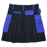 A Multi-Colored Canvas Utility Kilt + Kilt Hanger in black and blue with pockets.
