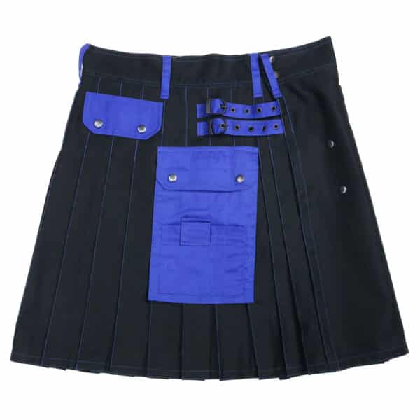 A black Multi-Colored Canvas Utility Kilt with pockets and a Kilt Hanger.
