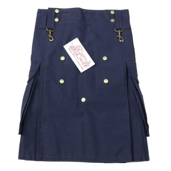 A navy kilt with gold buttons, also available in Blue Wilderness Kilt 28W 19L.