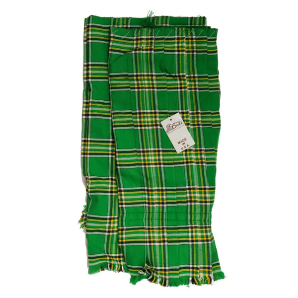 A pair of Irish Green Tartan Pleated Ancient Kilts on a white background made from a Homespun Wool Blend fabric.