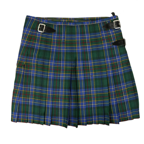A Cockburn Modern 5 Yard Light Weight Premium Wool Casual Kilt with buckles in a green and blue tartan pattern, perfect for casual wear.