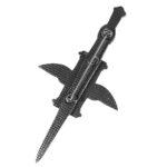 A black and white image of a sword on a white background featuring the Time Flies Kilt Pin motif.