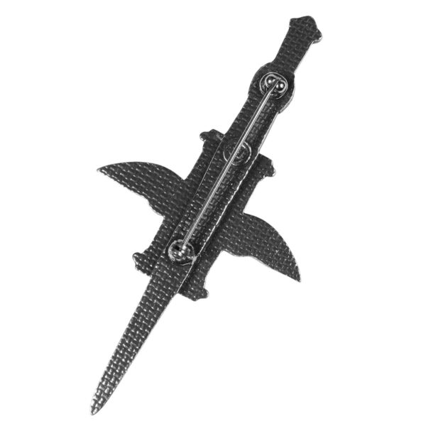 A black and white image of a sword on a white background featuring the Time Flies Kilt Pin motif.